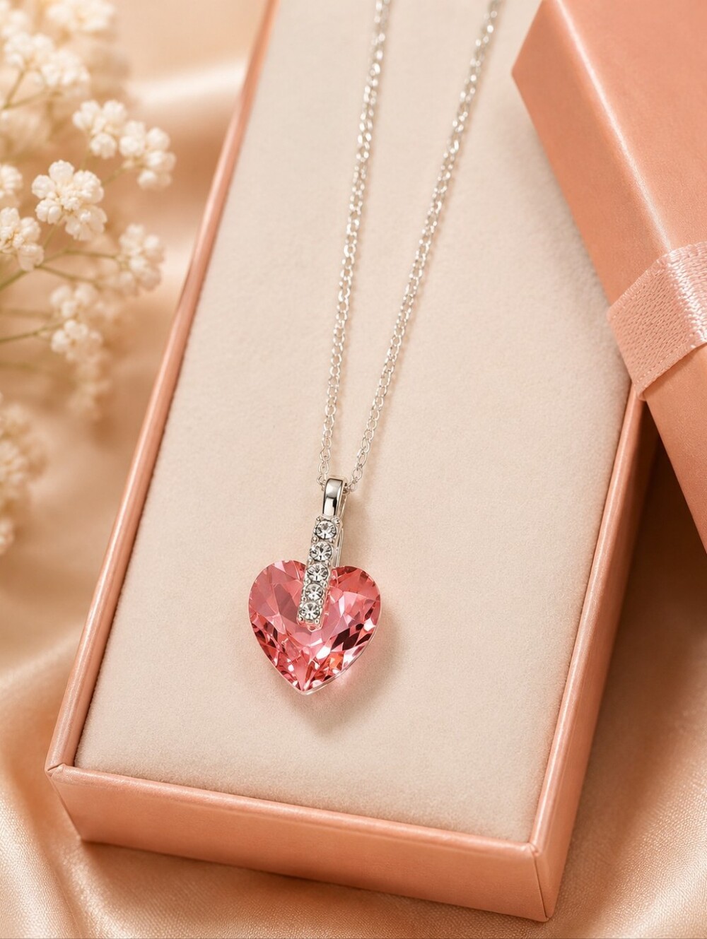 Pink Swarovski Heart Crystal Pendant Necklace with Sterling Silver Chain